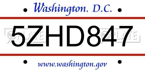 5ZHD847 District Of Columbia License Plate