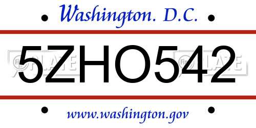 5ZHO542 District Of Columbia License Plate