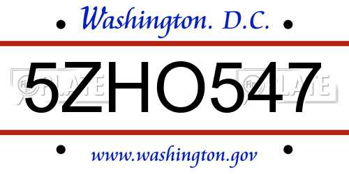 5ZHO547 District Of Columbia License Plate
