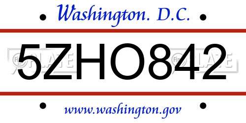 5ZHO842 District Of Columbia License Plate