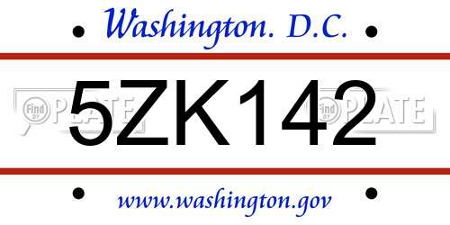 5ZK142 District Of Columbia License Plate