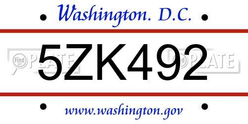 5ZK492 District Of Columbia License Plate