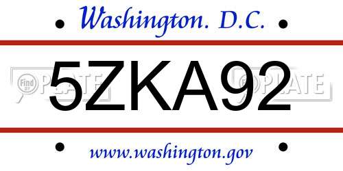 5ZKA92 District Of Columbia License Plate