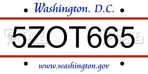 5ZOT665 District Of Columbia License Plate