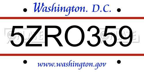 5ZRO359 District Of Columbia License Plate