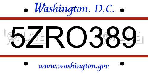 5ZRO389 District Of Columbia License Plate