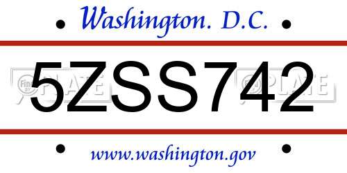 5ZSS742 District Of Columbia License Plate