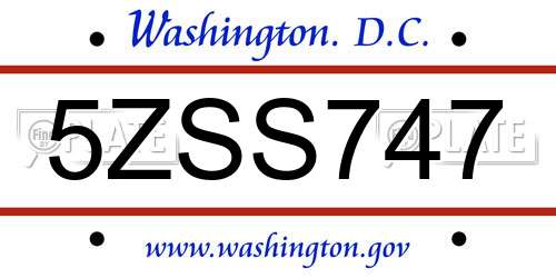 5ZSS747 District Of Columbia License Plate