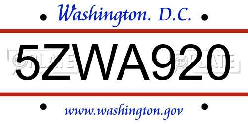 5ZWA920 District Of Columbia License Plate