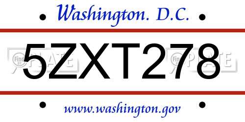 5ZXT278 District Of Columbia License Plate