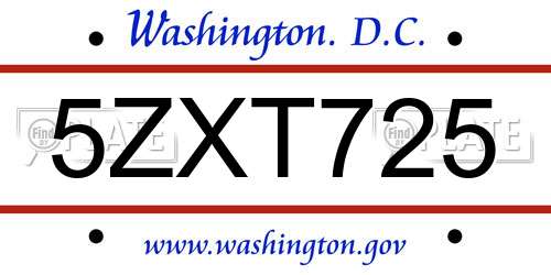 5ZXT725 District Of Columbia License Plate