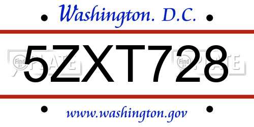 5ZXT728 District Of Columbia License Plate