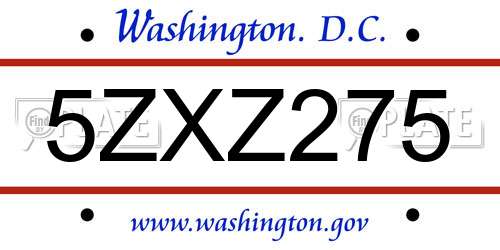 5ZXZ275 District Of Columbia License Plate