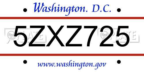5ZXZ725 District Of Columbia License Plate
