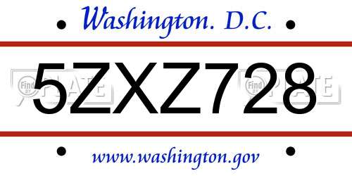 5ZXZ728 District Of Columbia License Plate