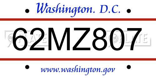 62MZ807 District Of Columbia License Plate