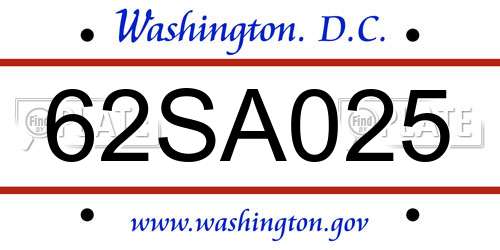 62SA025 District Of Columbia License Plate