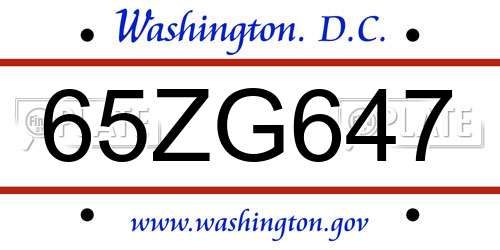 65ZG647 District Of Columbia License Plate