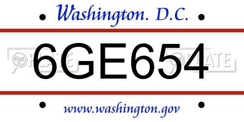 6GE654 District Of Columbia License Plate