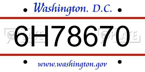 6H78670 District Of Columbia License Plate