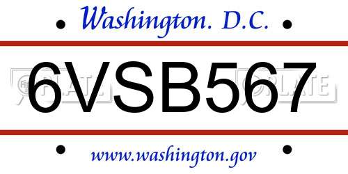 6VSB567 District Of Columbia License Plate