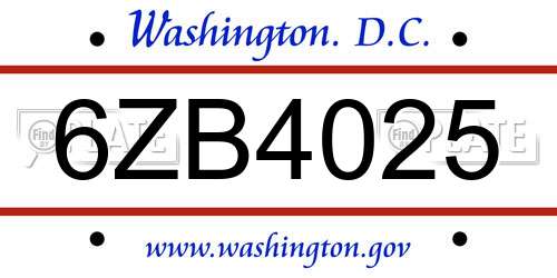 6ZB4025 District Of Columbia License Plate