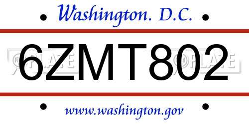 6ZMT802 District Of Columbia License Plate