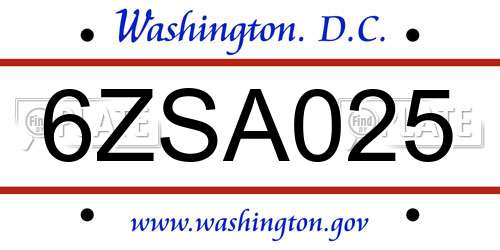 6ZSA025 District Of Columbia License Plate
