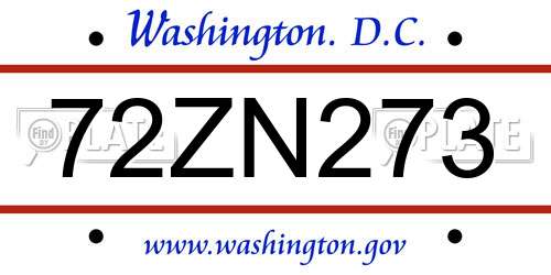 72ZN273 District Of Columbia License Plate