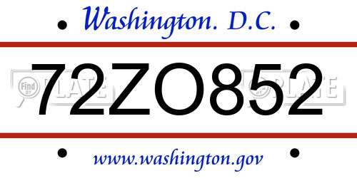 72ZO852 District Of Columbia License Plate