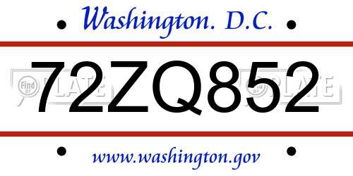 72ZQ852 District Of Columbia License Plate