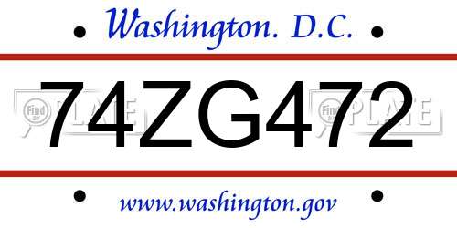 74ZG472 District Of Columbia License Plate