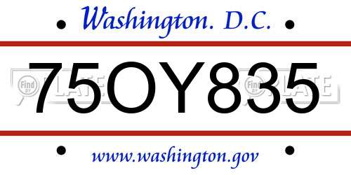 75OY835 District Of Columbia License Plate