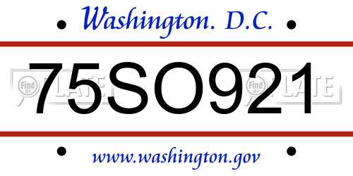 75SO921 District Of Columbia License Plate