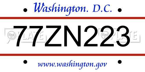 77ZN223 District Of Columbia License Plate