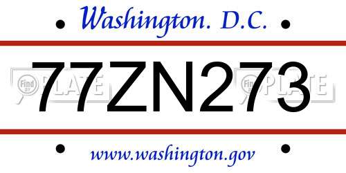 77ZN273 District Of Columbia License Plate