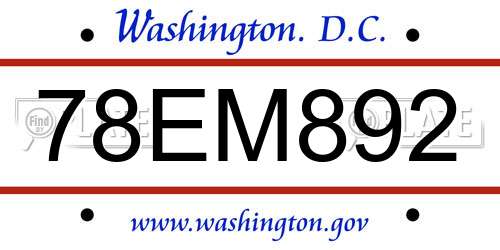 78EM892 District Of Columbia License Plate