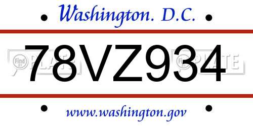 78VZ934 District Of Columbia License Plate