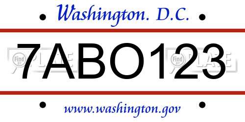 7ABO123 District Of Columbia License Plate