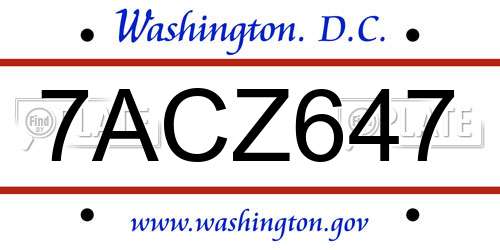 7ACZ647 District Of Columbia License Plate