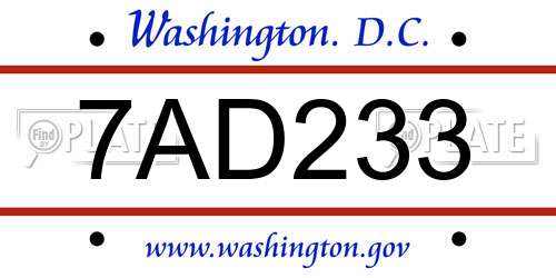 7AD233 District Of Columbia License Plate