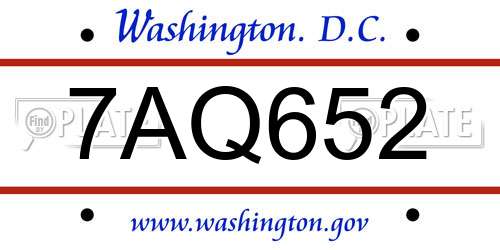7AQ652 District Of Columbia License Plate