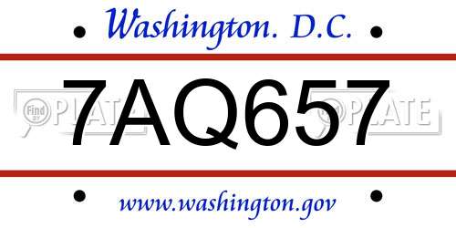 7AQ657 District Of Columbia License Plate