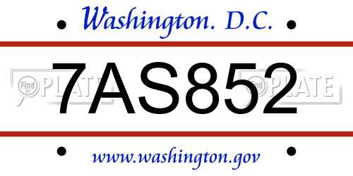 7AS852 District Of Columbia License Plate