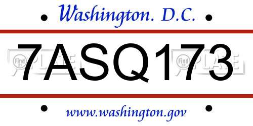 7ASQ173 District Of Columbia License Plate