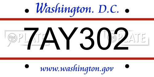 7AY302 District Of Columbia License Plate
