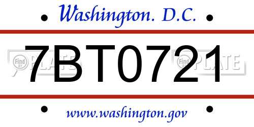 7BT0721 District Of Columbia License Plate