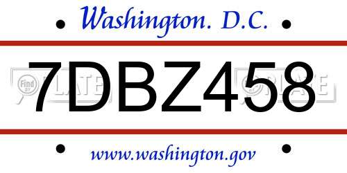 7DBZ458 District Of Columbia License Plate