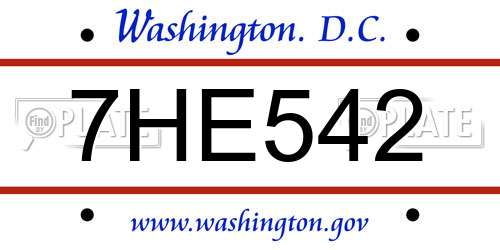 7HE542 District Of Columbia License Plate