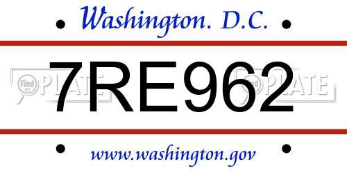 7RE962 District Of Columbia License Plate